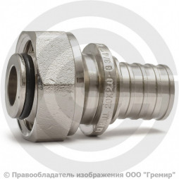 Соединитель аксиальный латунный никелированный для PE-X труб Дн 16-3/4" под евроконус с накидной гайкой RAUTITAN Rehau