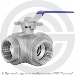 Кран нержавеющий AISI 304 (CF8) трехходовой T-тип Ду-15 (1/2") Ру-64 ВР (ВН) муфтовый NK-BTt15/4