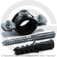 Хомут крепежный оцинкованный с резиновой прокладкой Ду-15 (Дн 20-25) (1/2") М8 в/к винт-шуруп, дюбель Strongman