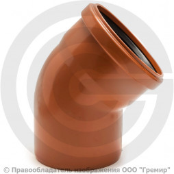 Отвод НПВХ (ПВХ) с раструбом коричневый Дн 110 45гр б/нап в/к Агригазполимер