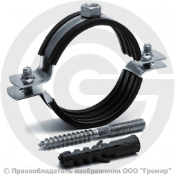 Хомут крепежный оцинкованный с резиновой прокладкой Ду-50 (Дн 60-64) (2") М8 в/к винт-шуруп, дюбель Strongman