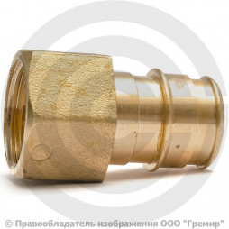 Соединитель аксиальный латунный для PE-X труб Дн 25-1" под плоское уплотнение с накидной гайкой с прокладкой РОС
