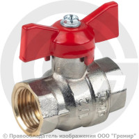 Кран латунный Ду-25 (1") Ру-40 ВР (ВН) никель полнопроходной бабочка красная Dist Эксперт